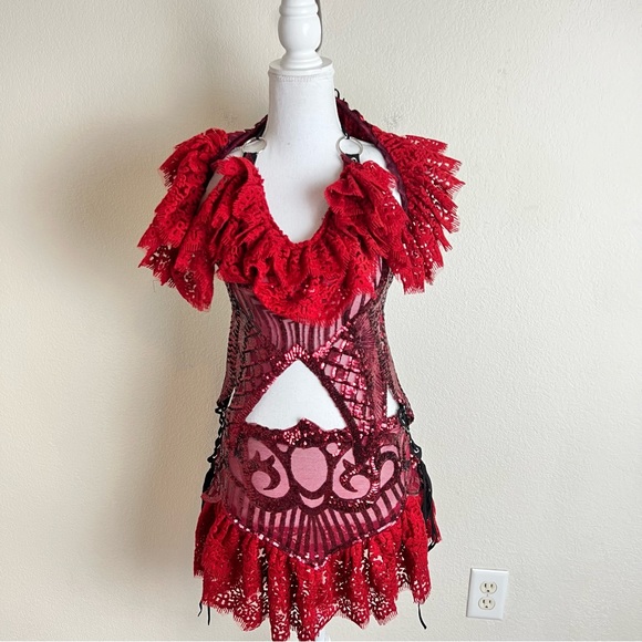 Disco X Lux OOAK Red Wedding Sequin 4 Piece Ruffle Skirt & Arm Warmers Set - Picture 9 of 11